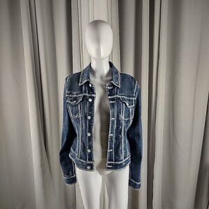 Express Women's Customized Multi Button Cotton Light Blue Jean Jacket Size Large